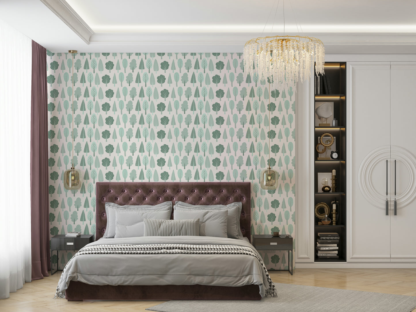 Calm tree pattern wallpaper in pastel green tones

