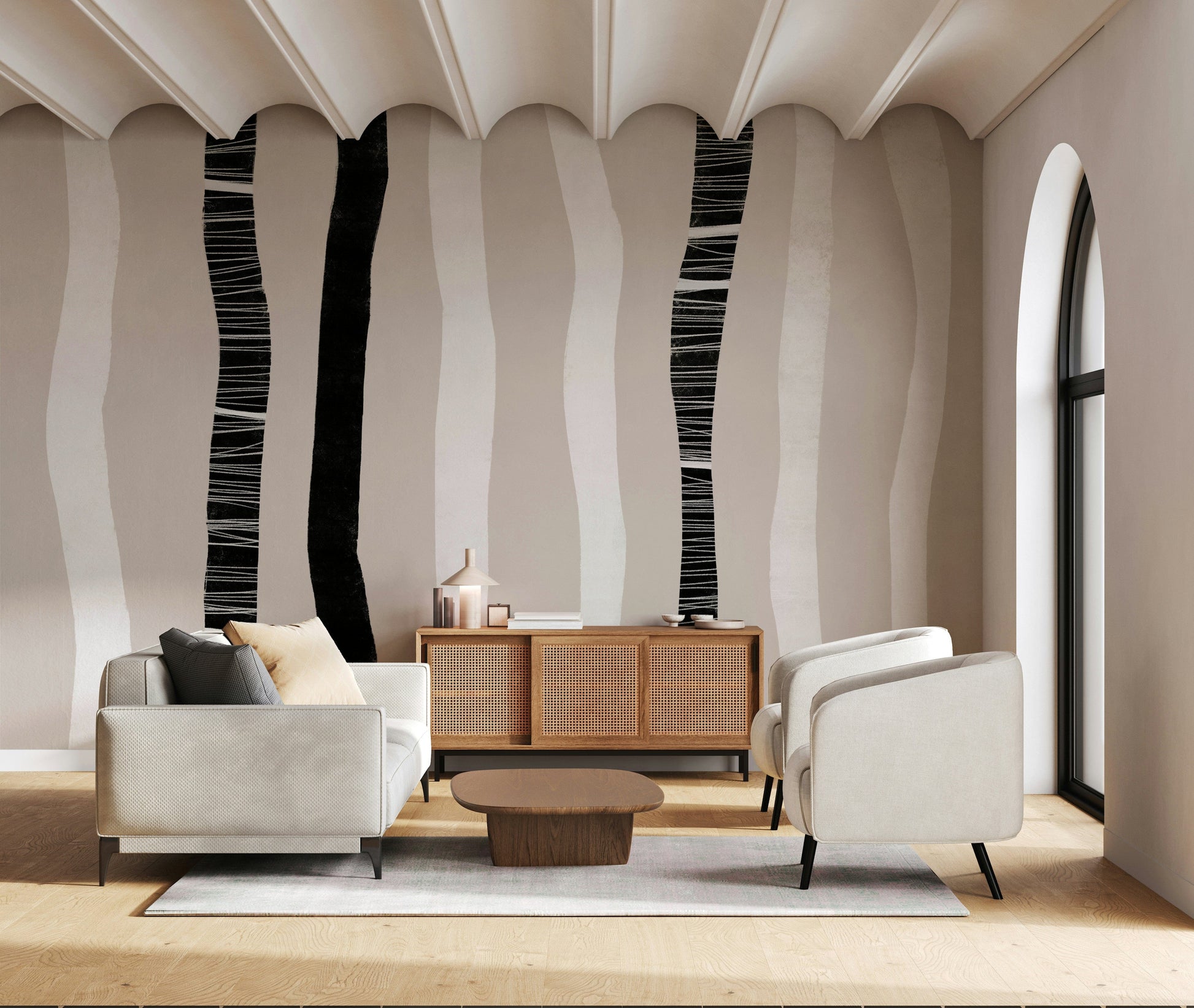 A beautiful modern art wall mural of delicate lines.