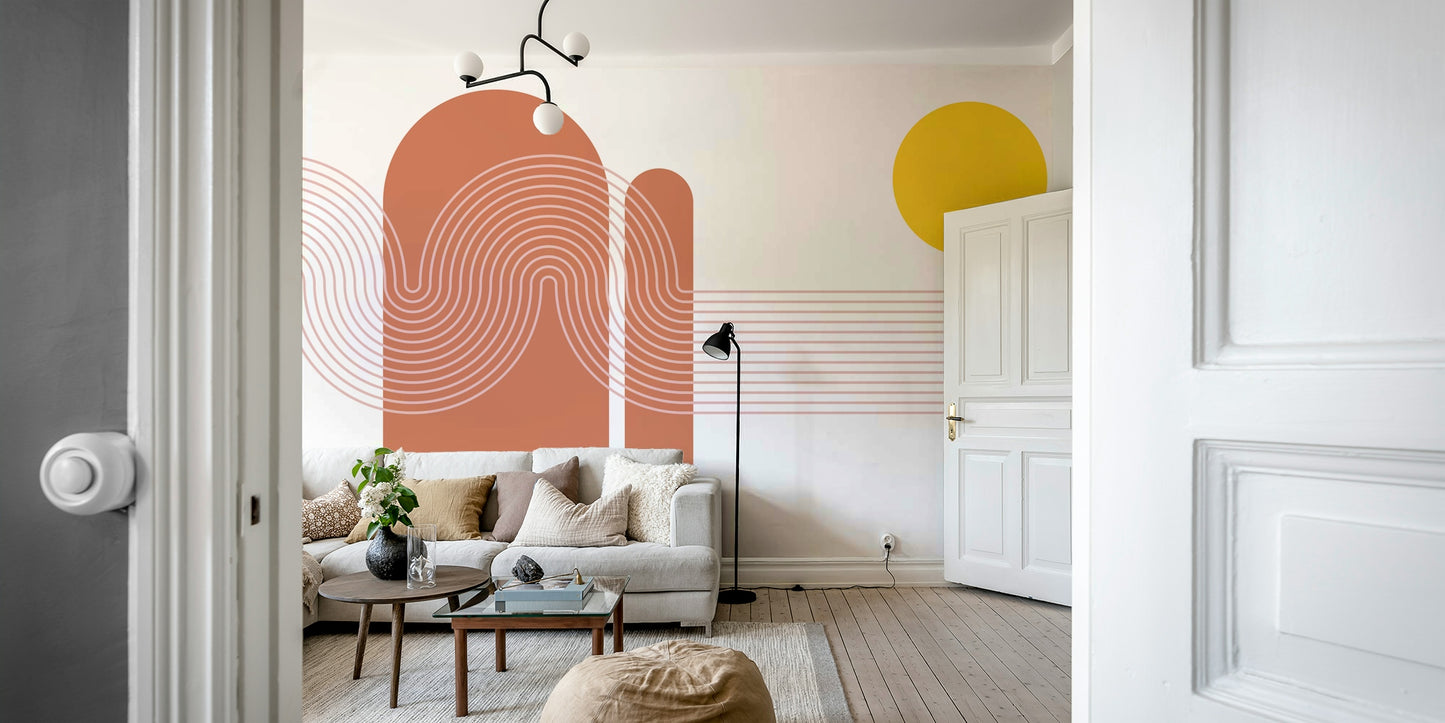 Gradient sunset mural with minimalist landscape

