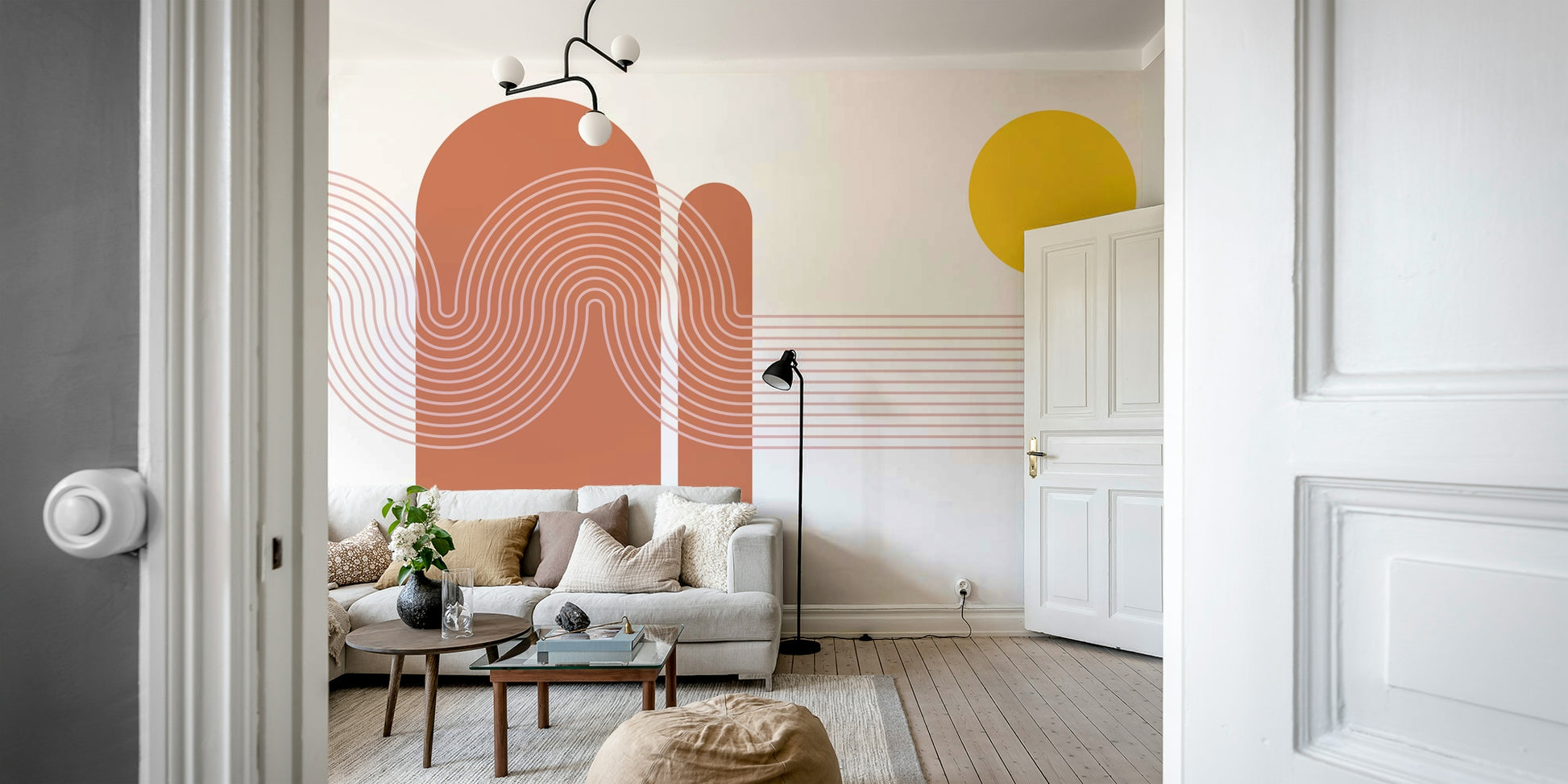 Gradient sunset mural with minimalist landscape

