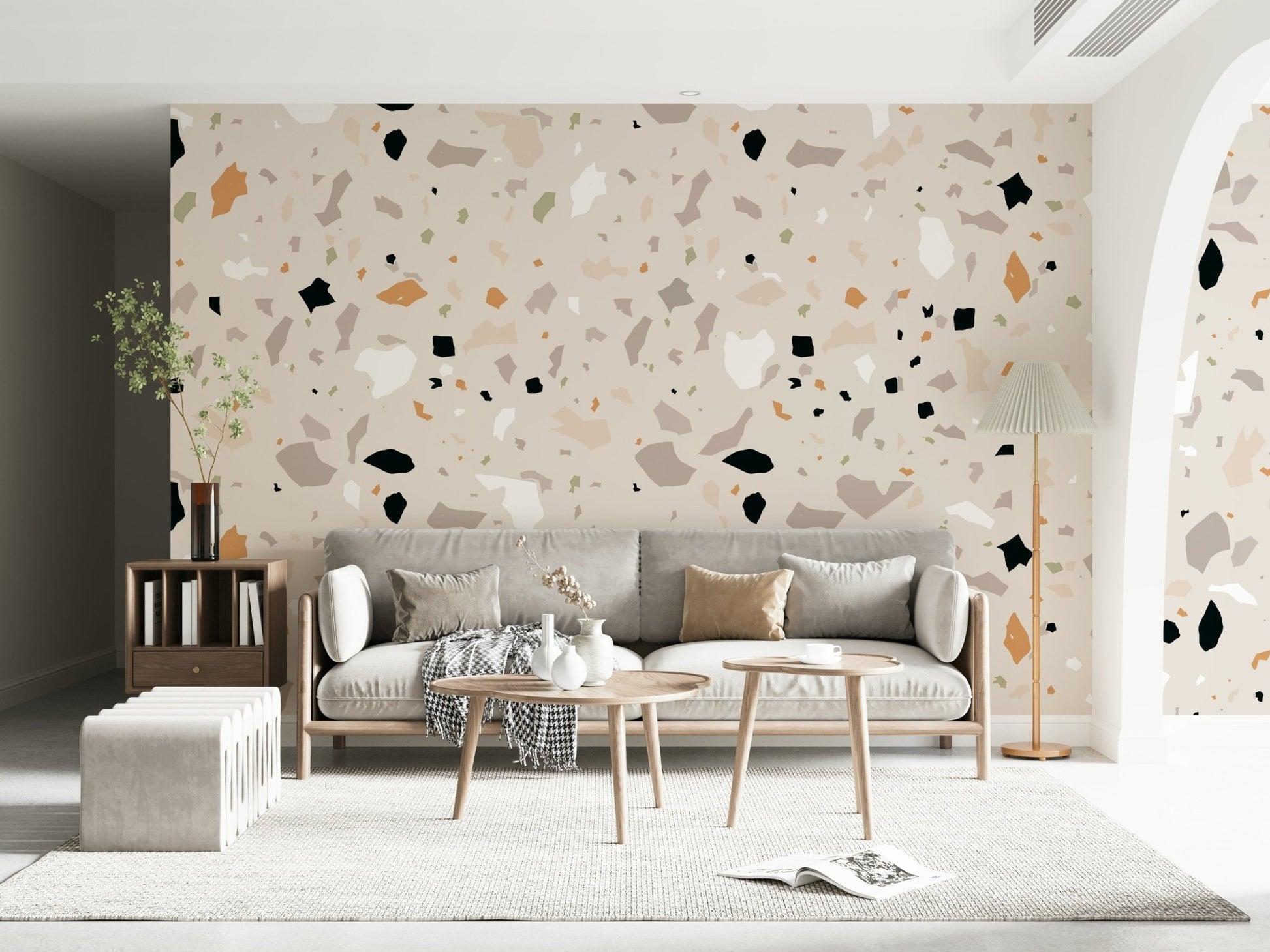 Minimalist Terrazzo clean aesthetic wallpaper random chip shapes.
