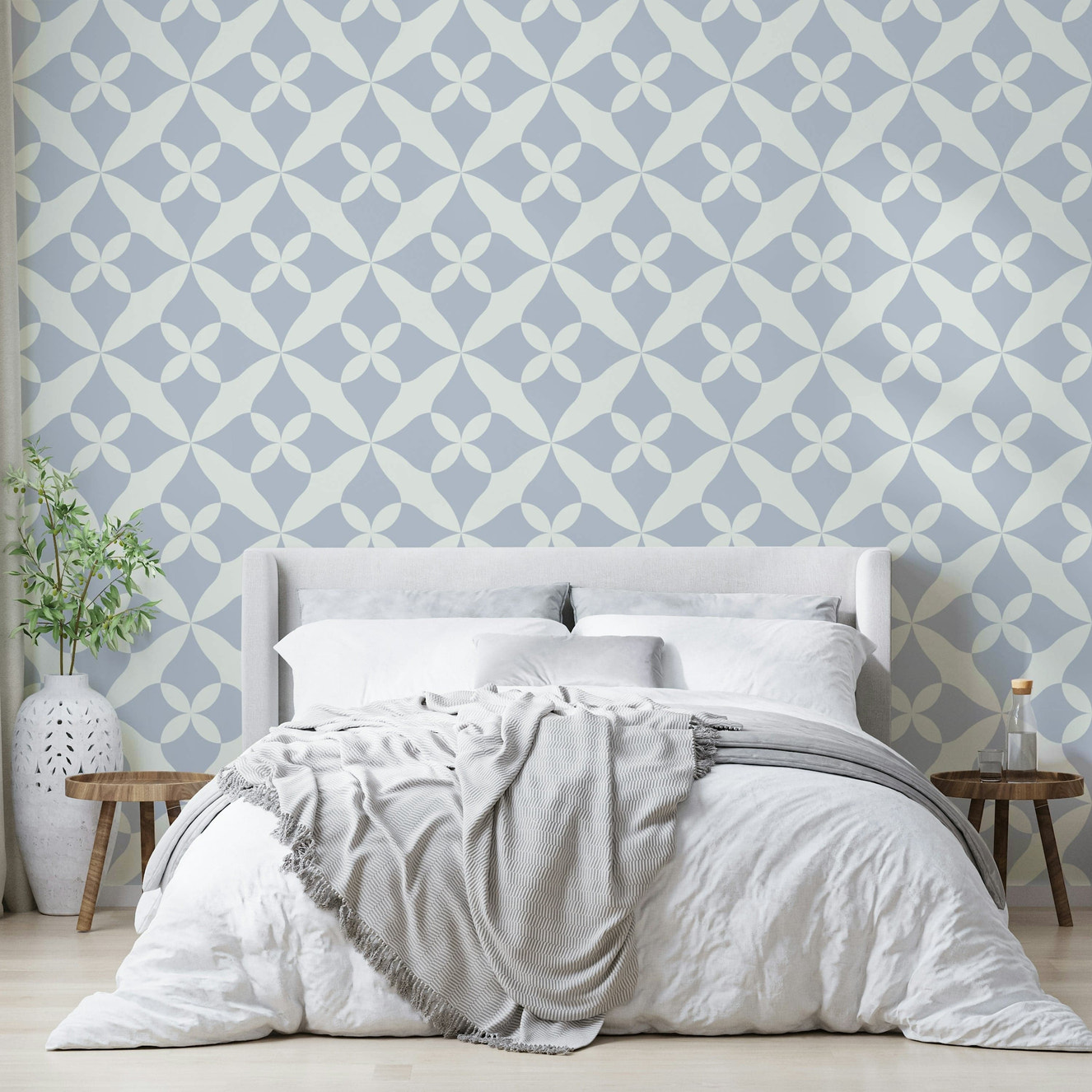 Geometric blue and cream pattern wallpaper.