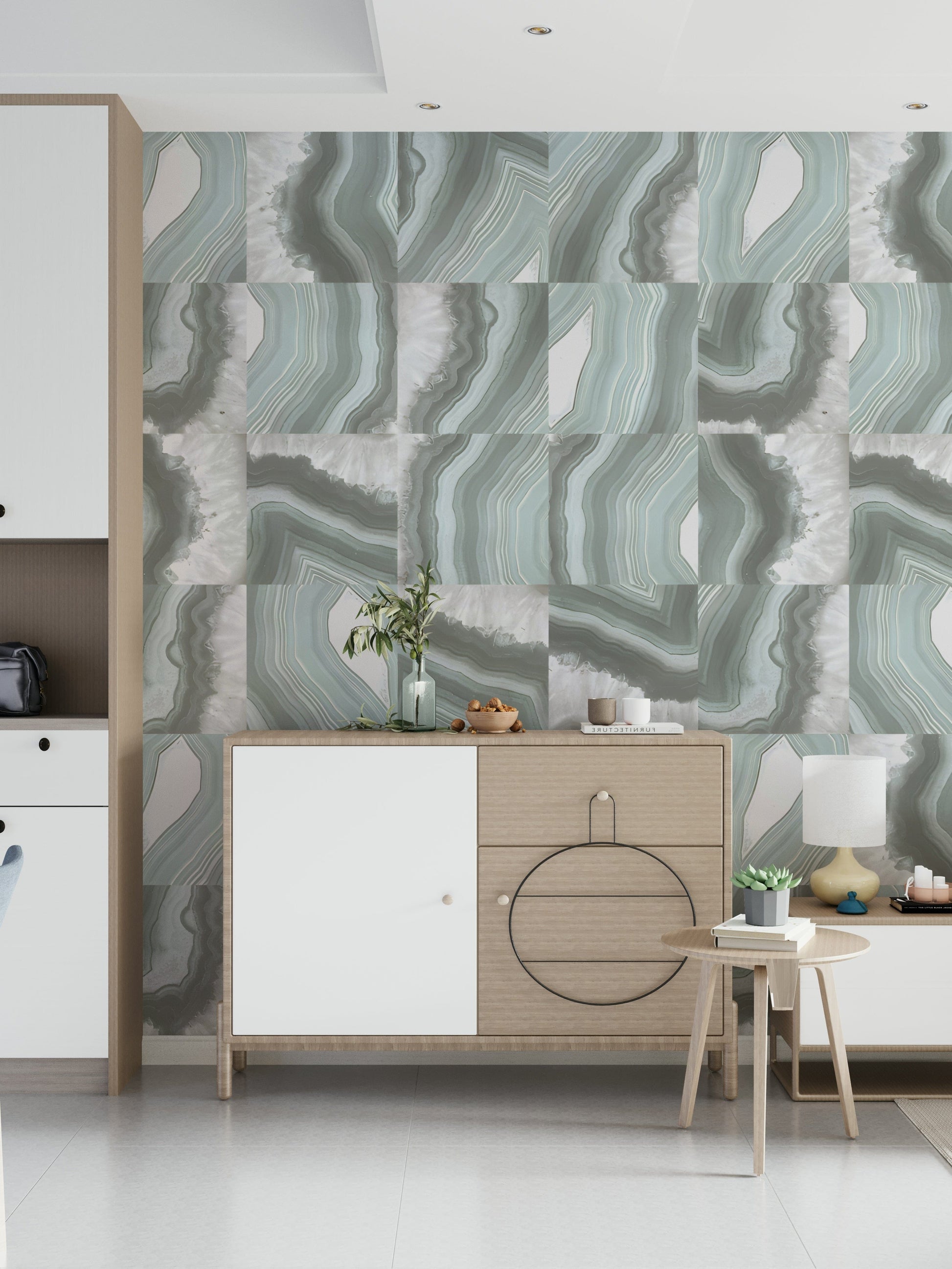 Mint Marble Agate Serenity Wall Mural — soothing green and white marble with flowing agate textures.