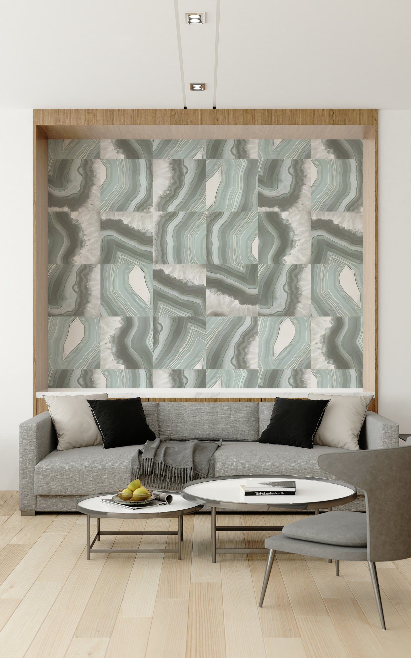 Decorative mural featuring soft green and white marble textures with natural agate flow.