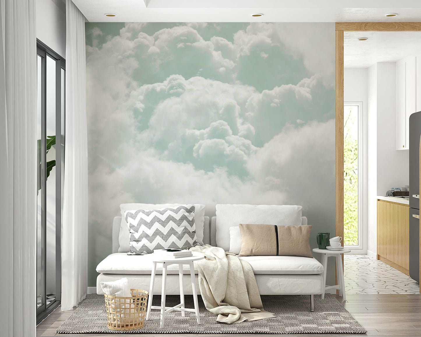 A minimalist interior with the cloud-themed wallpaper.