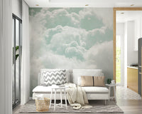 A minimalist interior with the cloud-themed wallpaper.