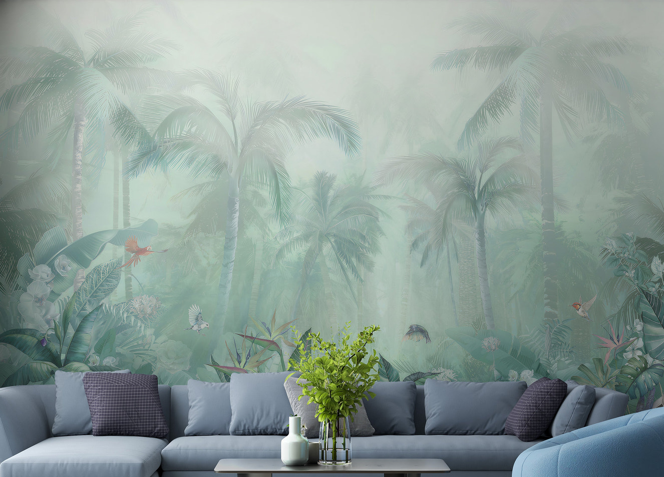 Mint Green Colored Forest View Wallpaper Murals - Giffywalls