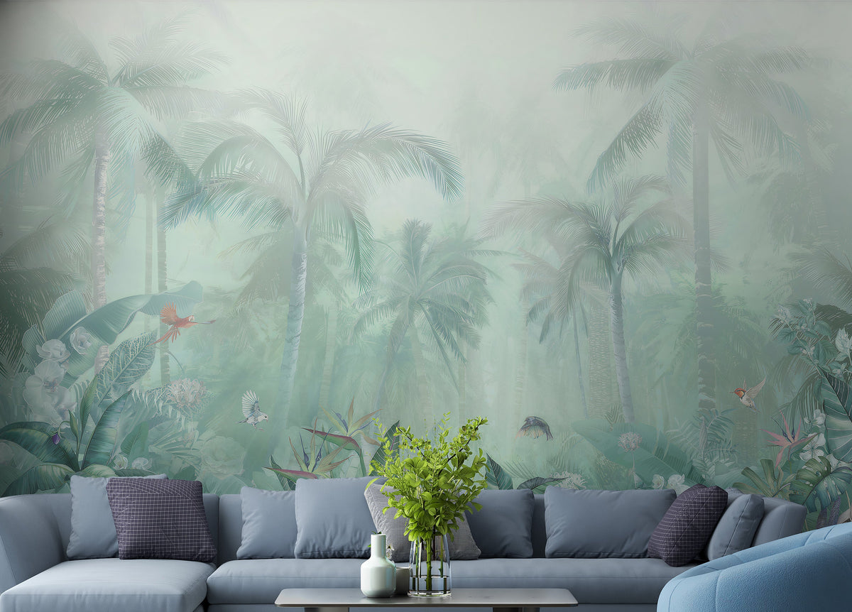 Mint Green Colored Forest View wallpaper mural shown as a full feature wall that highlights the design