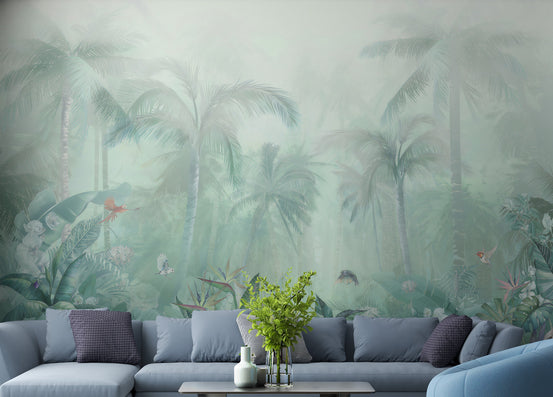Mint Green Colored Forest View wallpaper mural shown as a full feature wall that highlights the design
