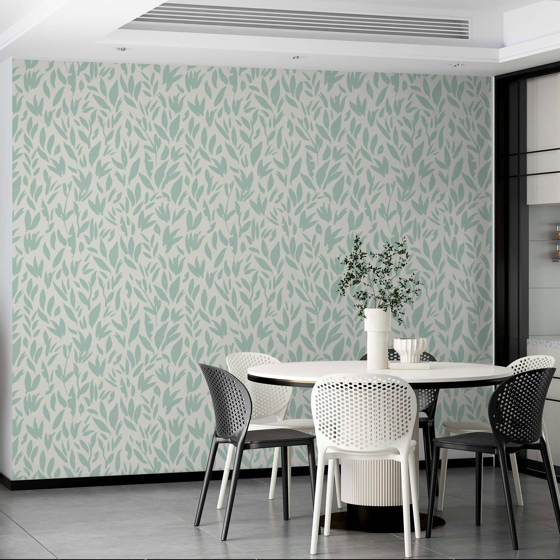 The design is a repeating pattern of small, scattered mint sprigs.
