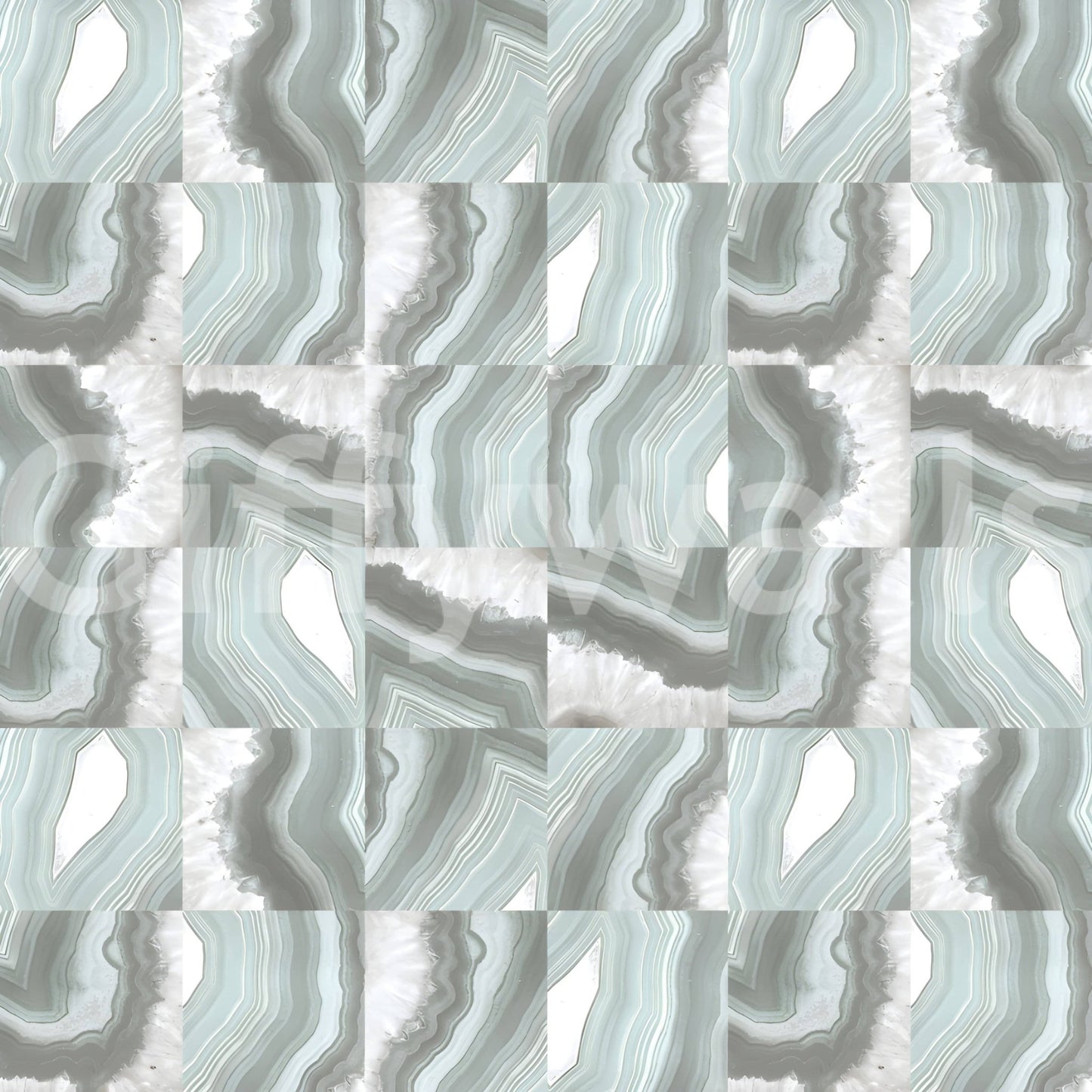 Mint Marble Agate Serenity wallpaper mural close-up showing a checkerboard of mint-green and white agate slices with crystal centers
