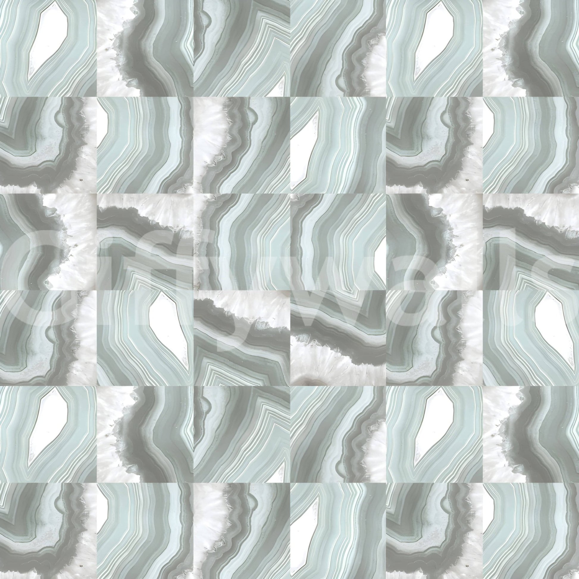 Mint Marble Agate Serenity wallpaper mural close-up showing a checkerboard of mint-green and white agate slices with crystal centers