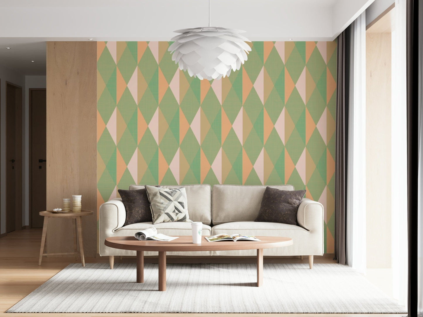 Geometric wall mural adds charm to bedroom