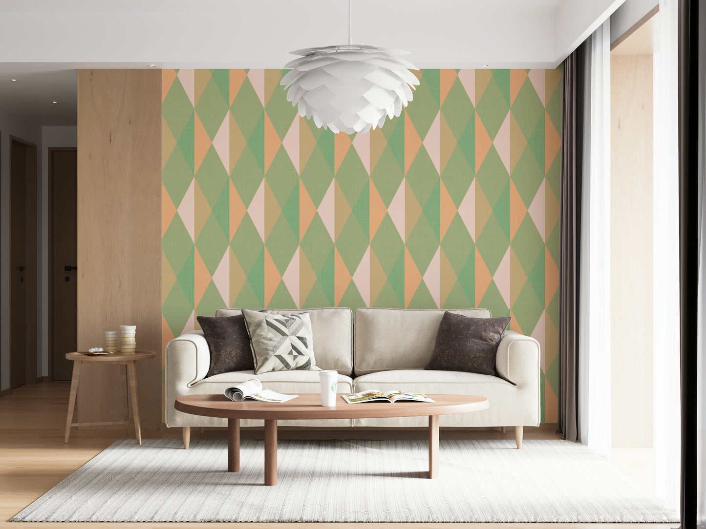 Captivating light geometric Mint & Peach Triangles home mural.