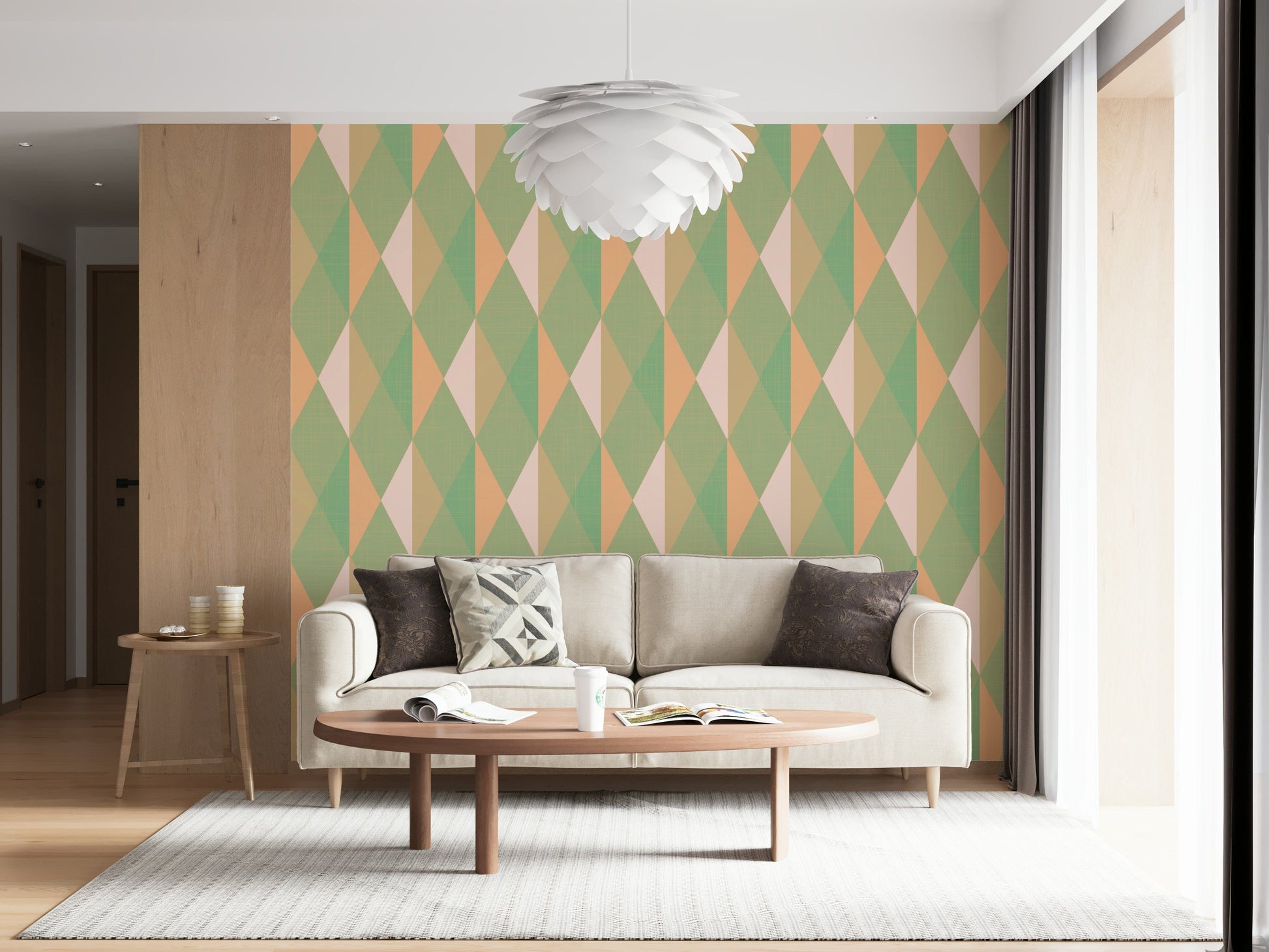 Captivating light geometric Mint & Peach Triangles home mural.