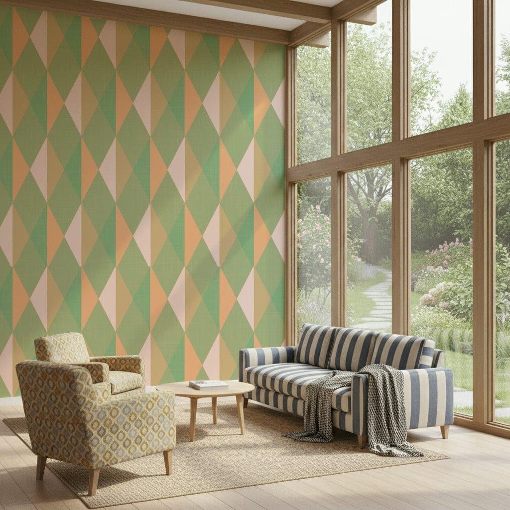 Refreshing mint and blush repeating wallpaper for walls.