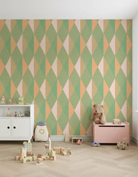 Retro dimensional pattern Mint & Peach Triangles wall mural.
