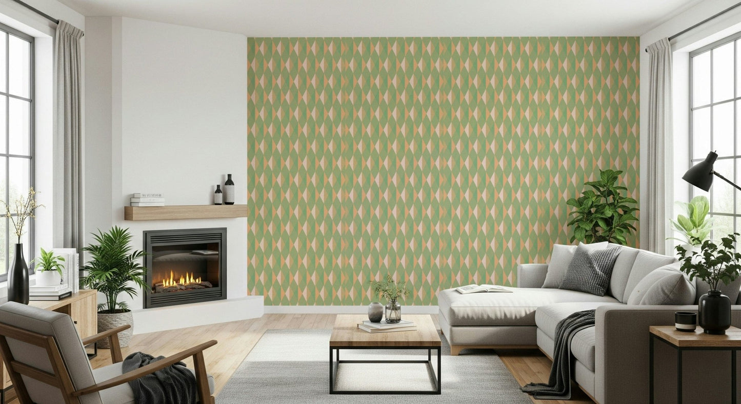 Peach and mint lattice wallpaper for a modern nursery wall.