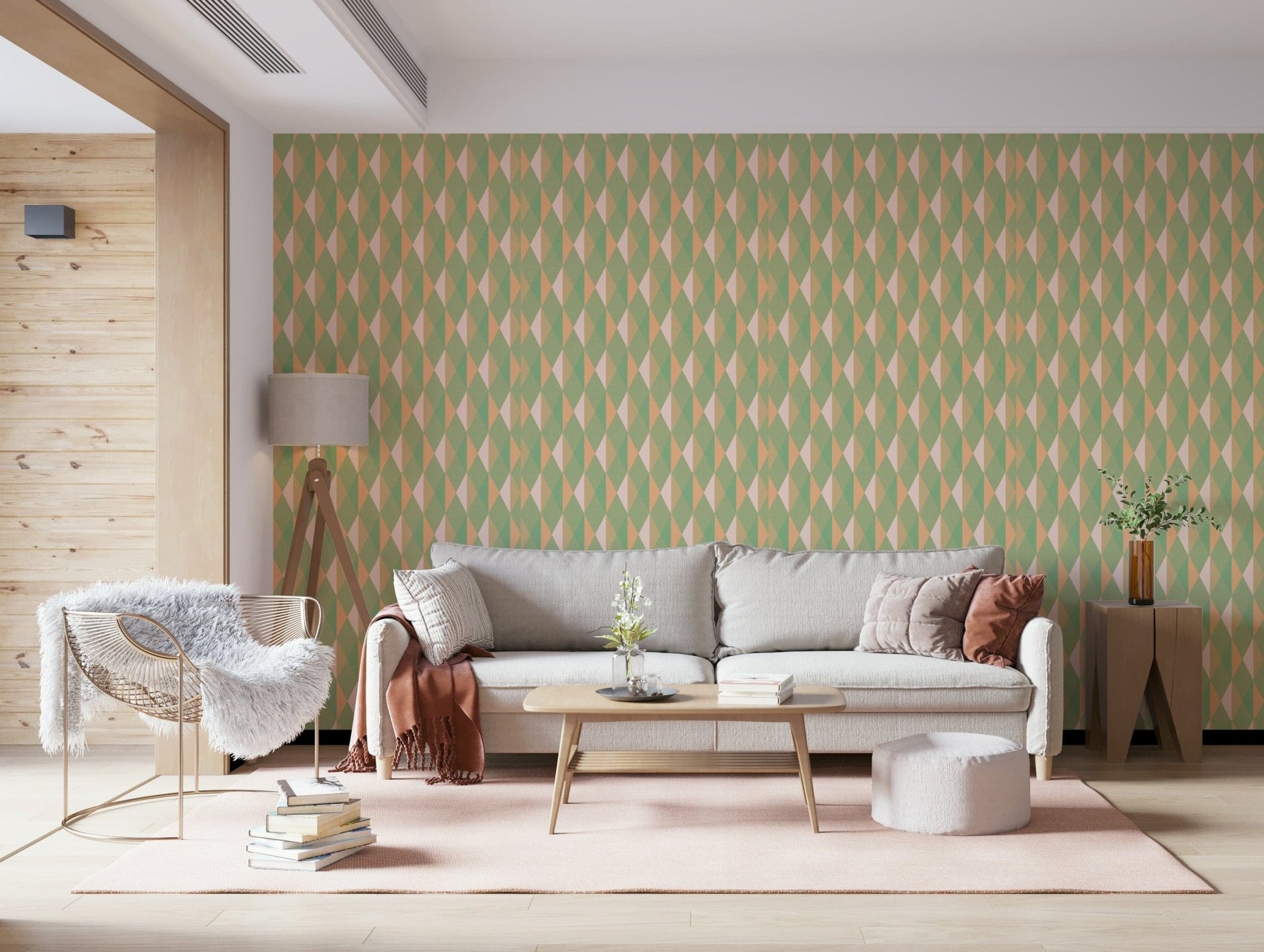 Fresh mint diamond repeat Mint & Peach Triangles wallcovering.