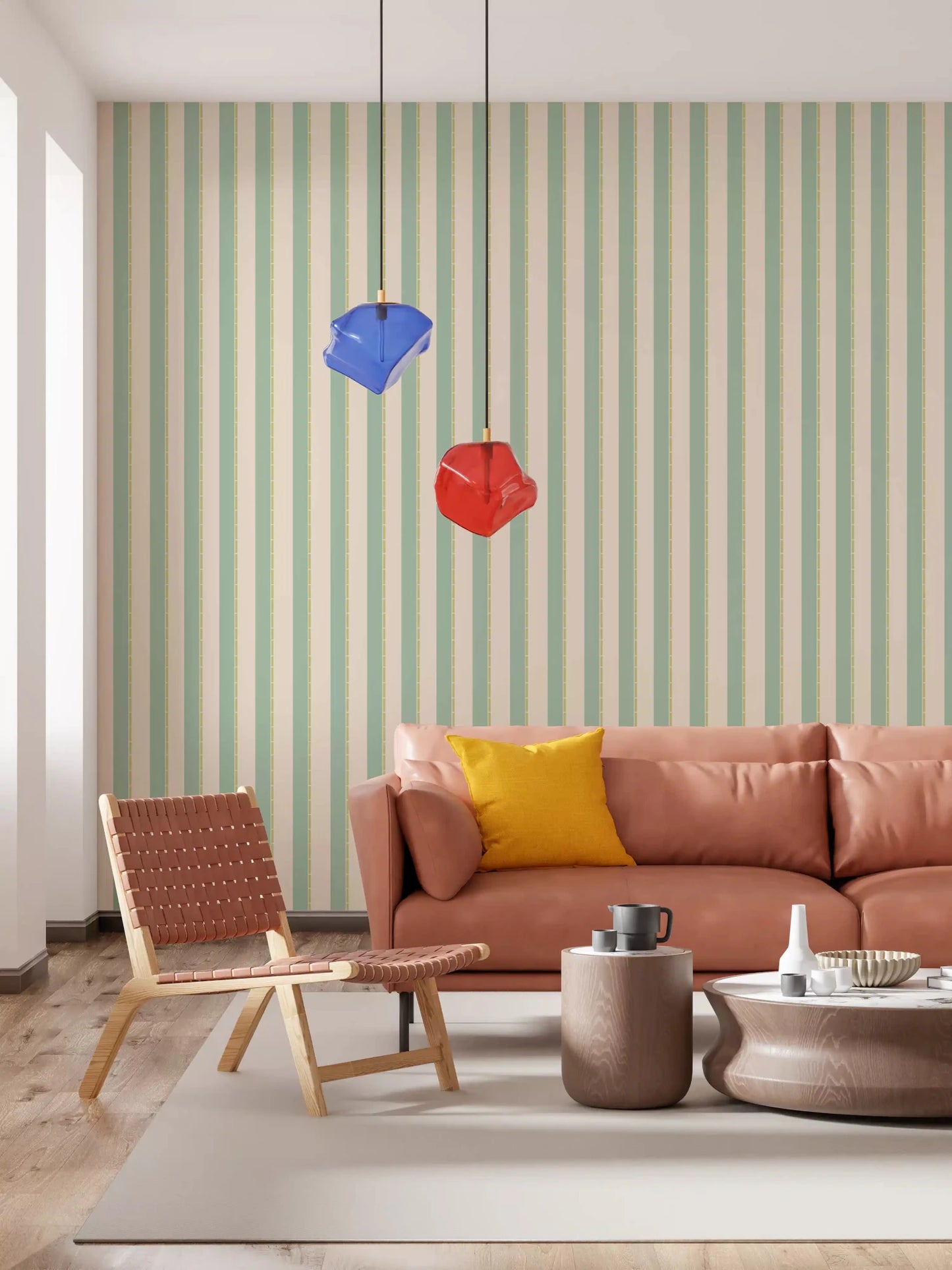 Close up of white dashed line details on Mint Vertical Stripes Wallpaper.