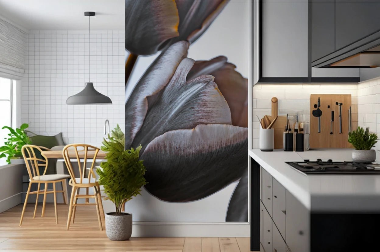 Miracle Tulips wall mural of moody tulip petals in a kitchen-diner with wood chairs, a grey pendant and a leafy plant