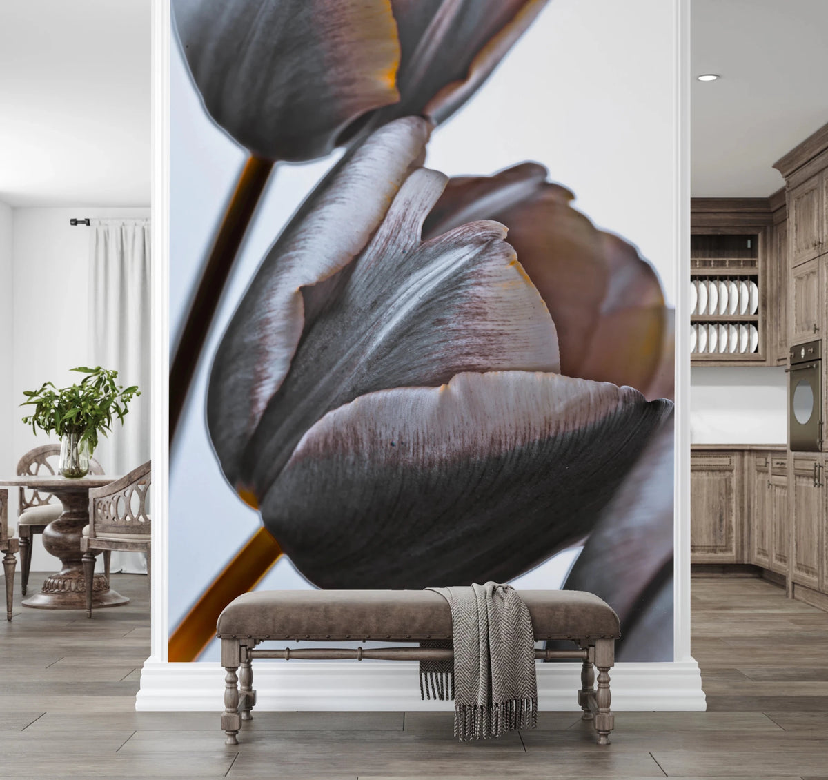 Miracle Tulips wall mural of dusky grey-mauve tulips above an upholstered bench in a hallway between kitchen and dining