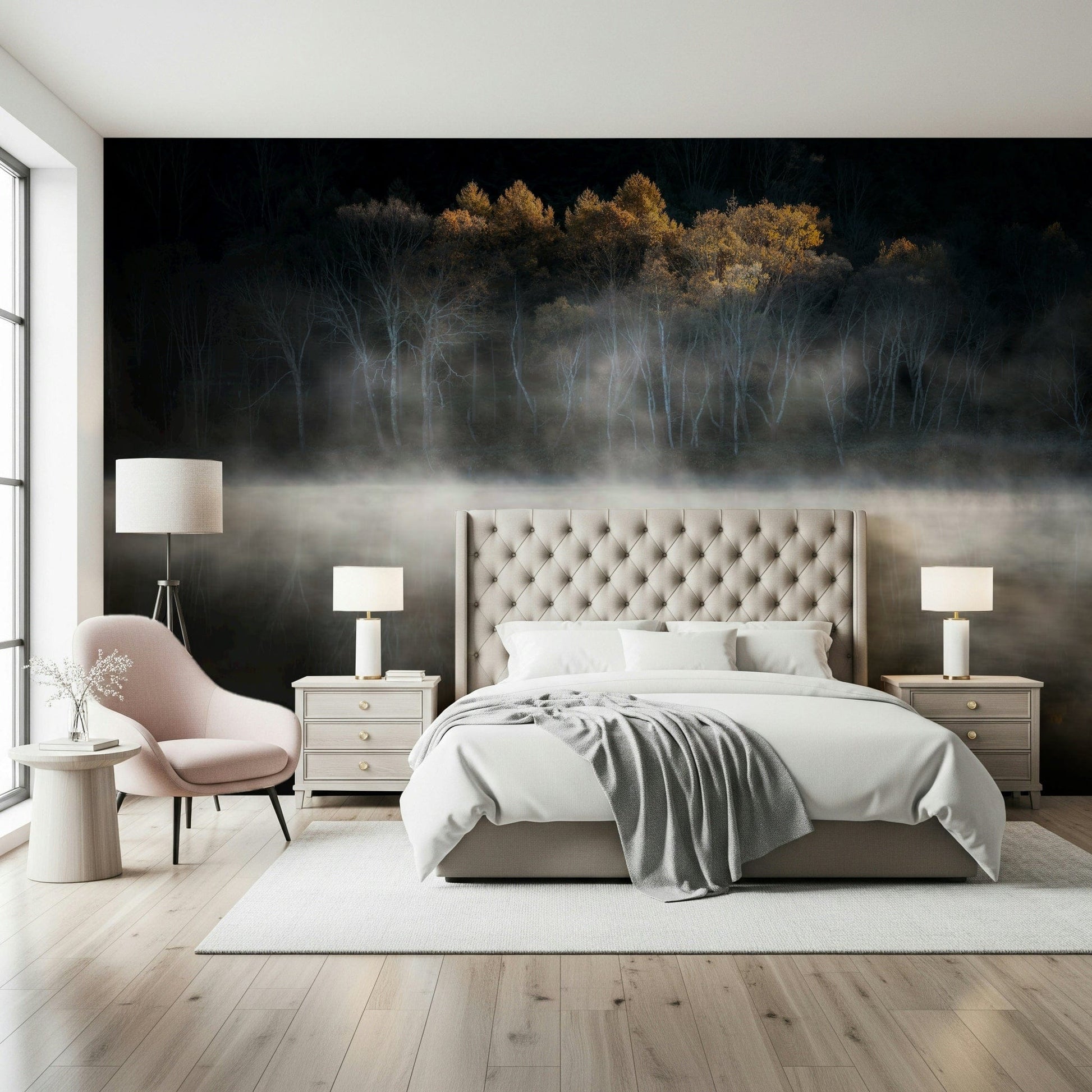 Mist and Light Woodland photo, reflective water surface, mysterious autumn vista.