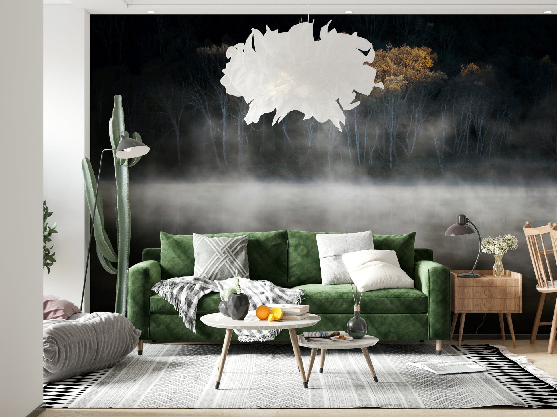 Elegant woodland wallpaper, dark background, luminous tree line, inspiring home.