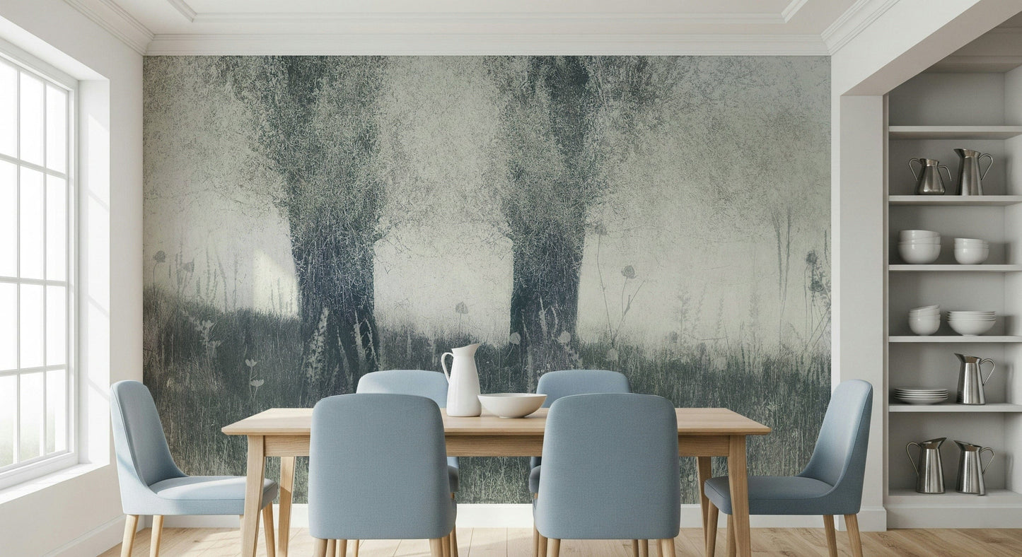 A calming serene forest wallpaper mural that defines a space.