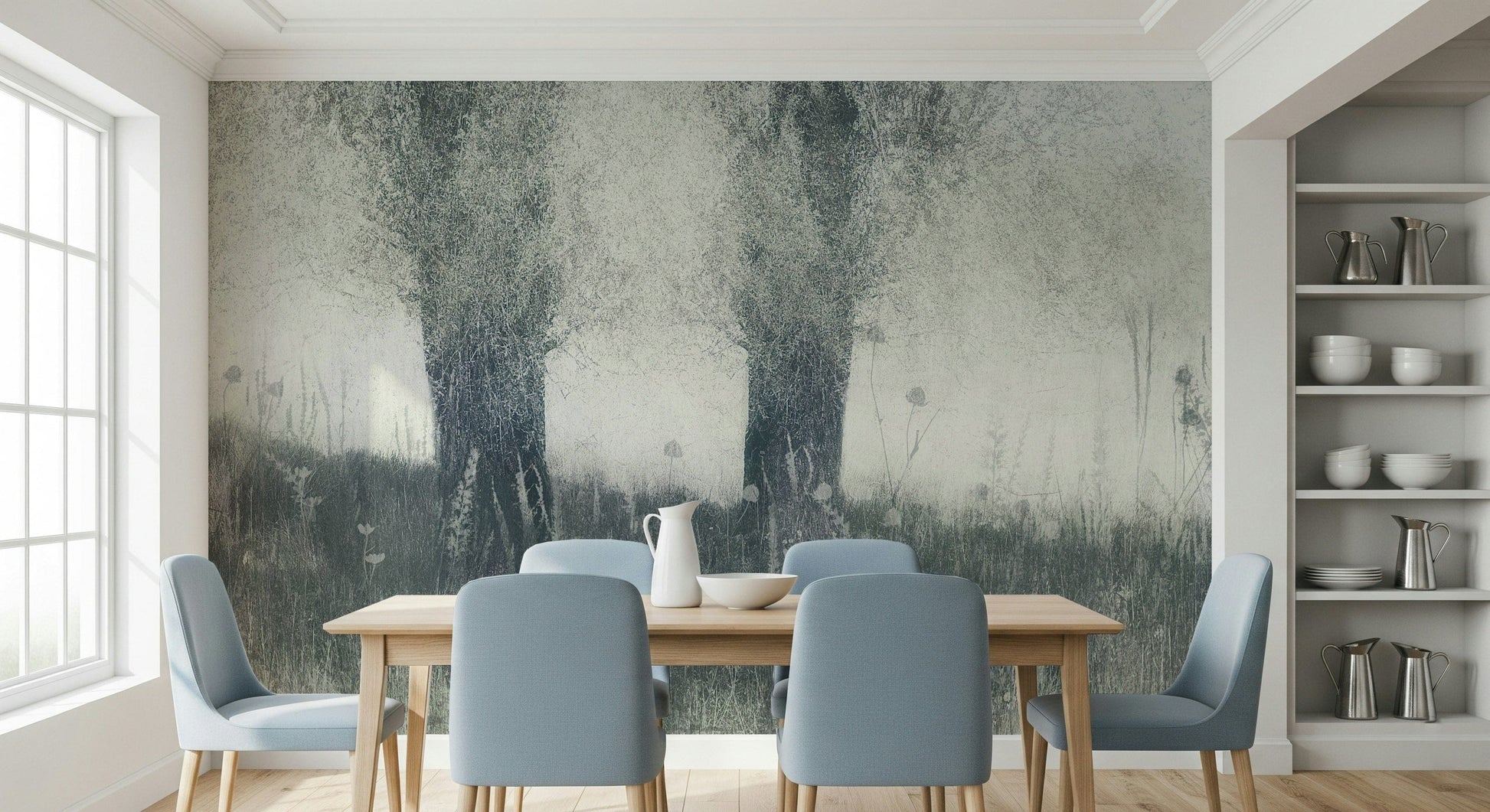 A calming serene forest wallpaper mural that defines a space.