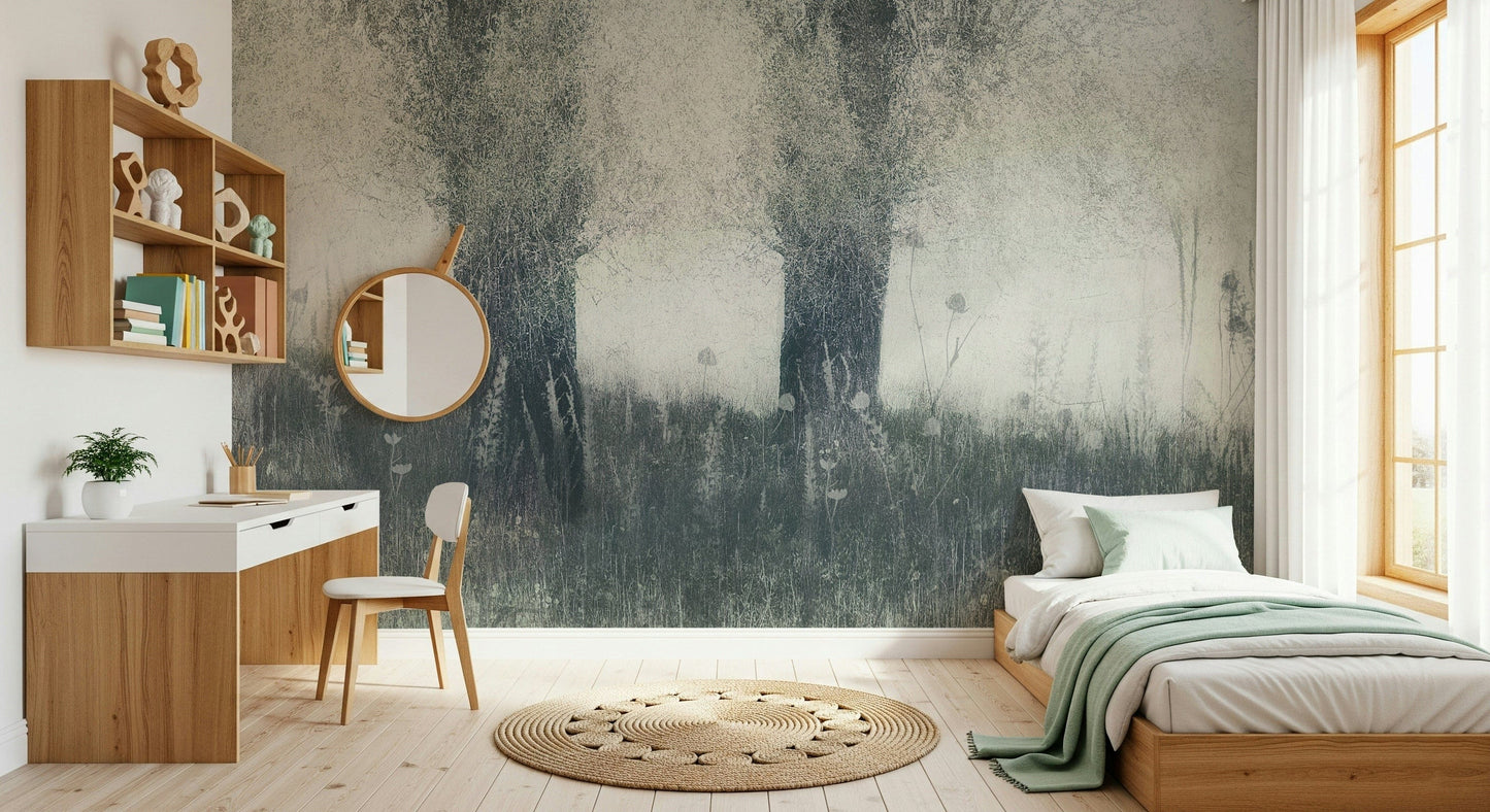 A peaceful woodland vista mural on decorative wallpaper.