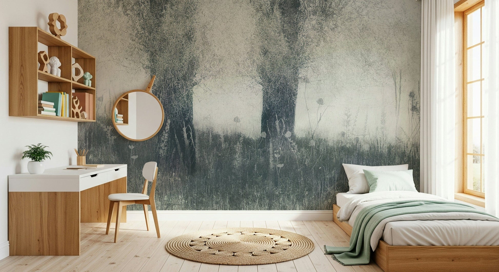 A peaceful woodland vista mural on decorative wallpaper.