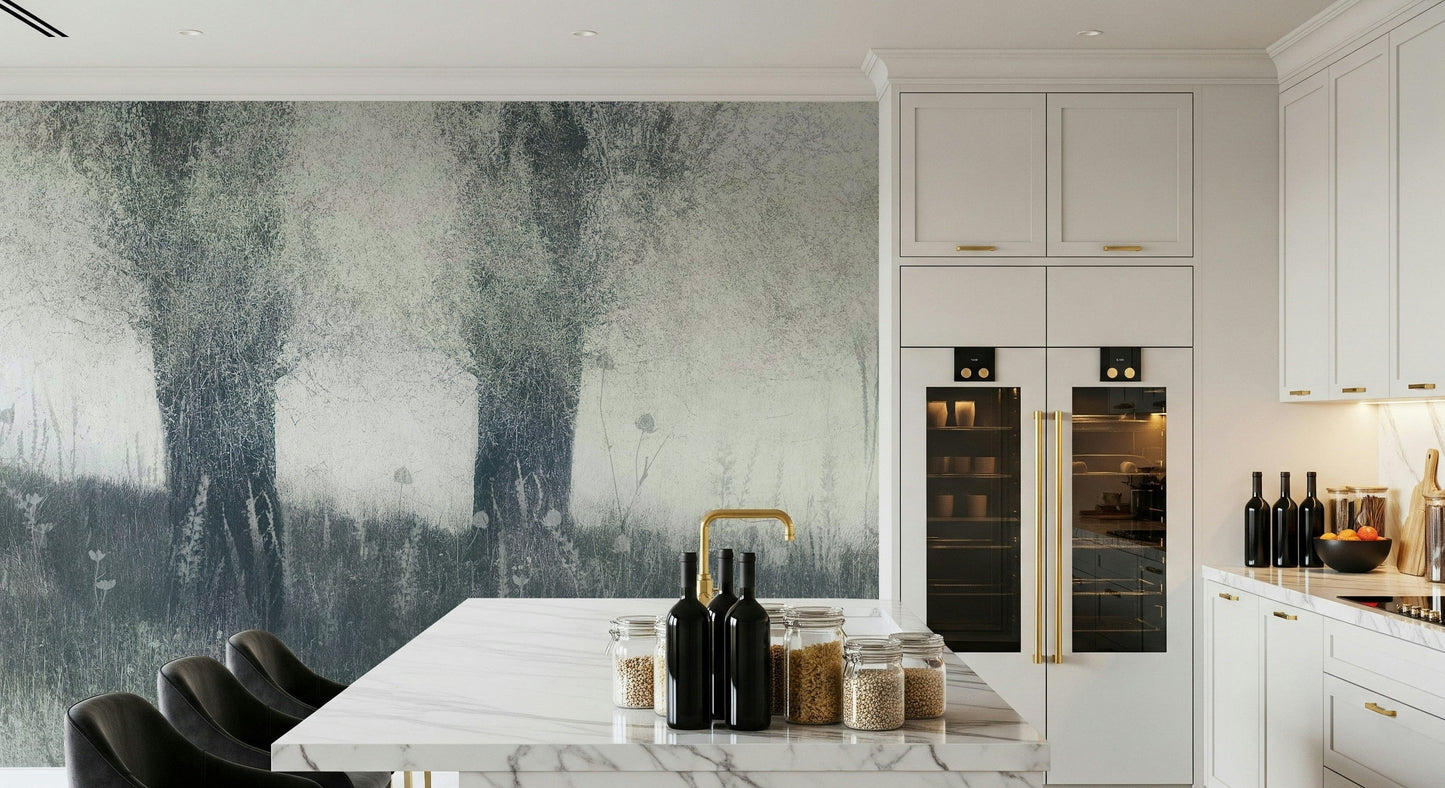 A graceful subtle fog texture wall mural in cool, natural tones.