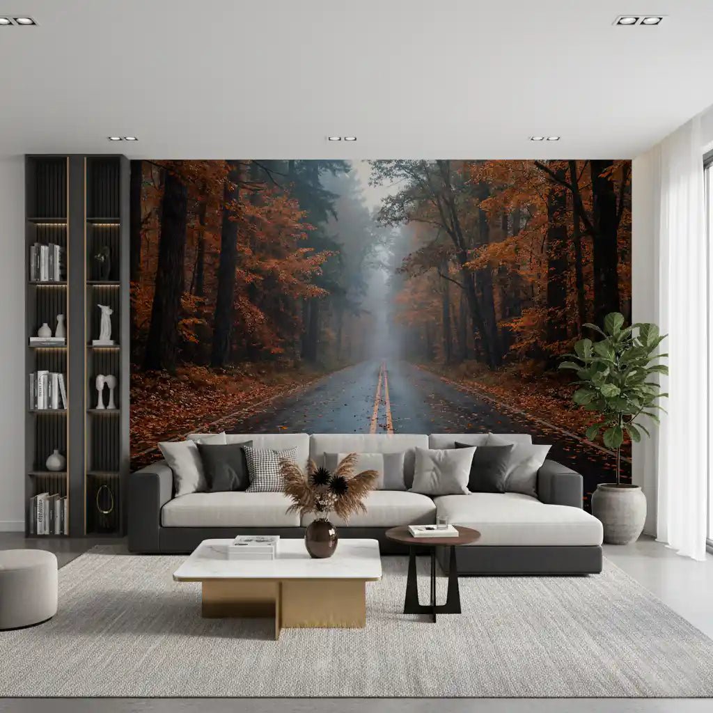 Living room with foggy autumn wall mural and centered road view