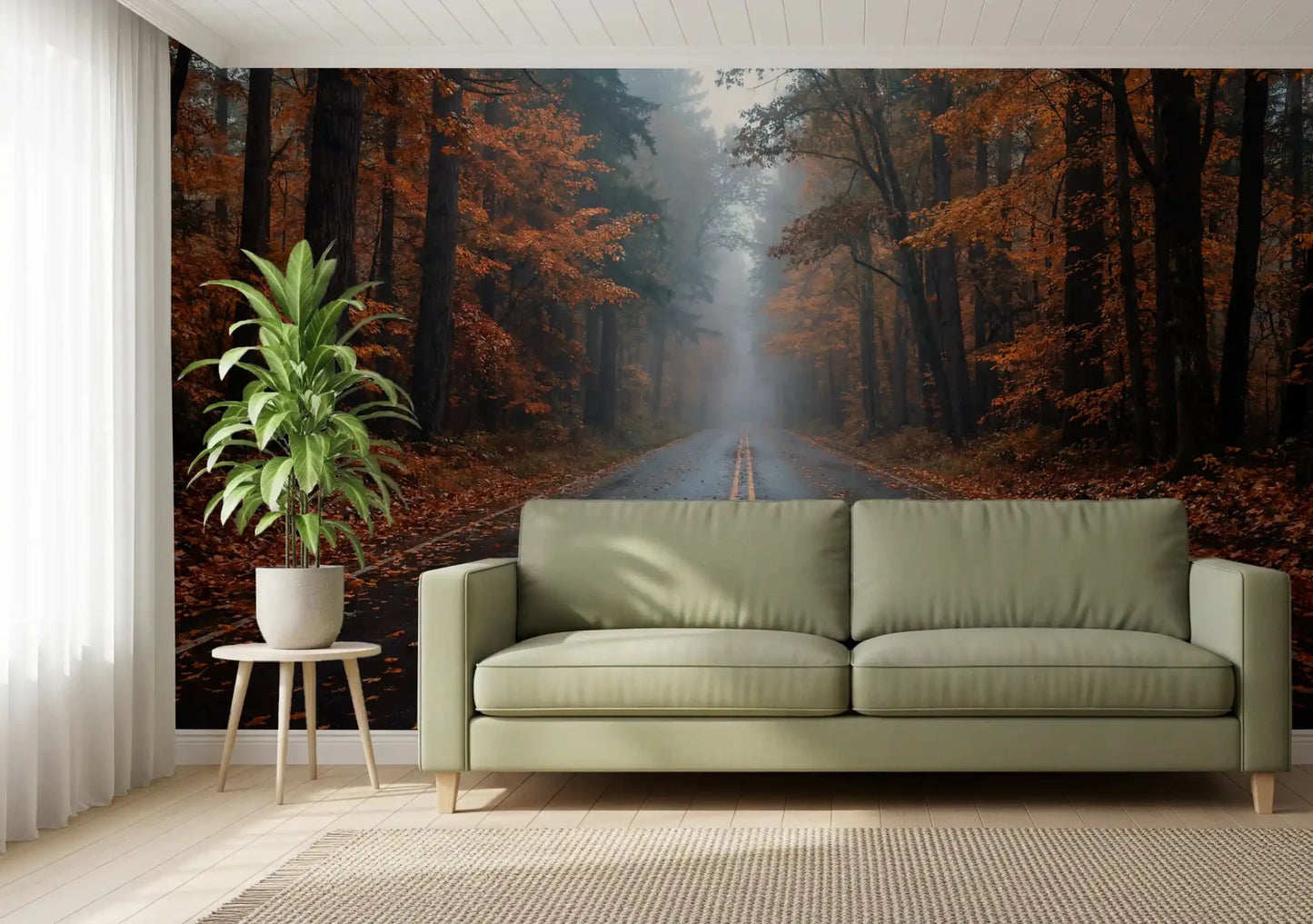 Home office with forest road wall mural and orange leaf canopy