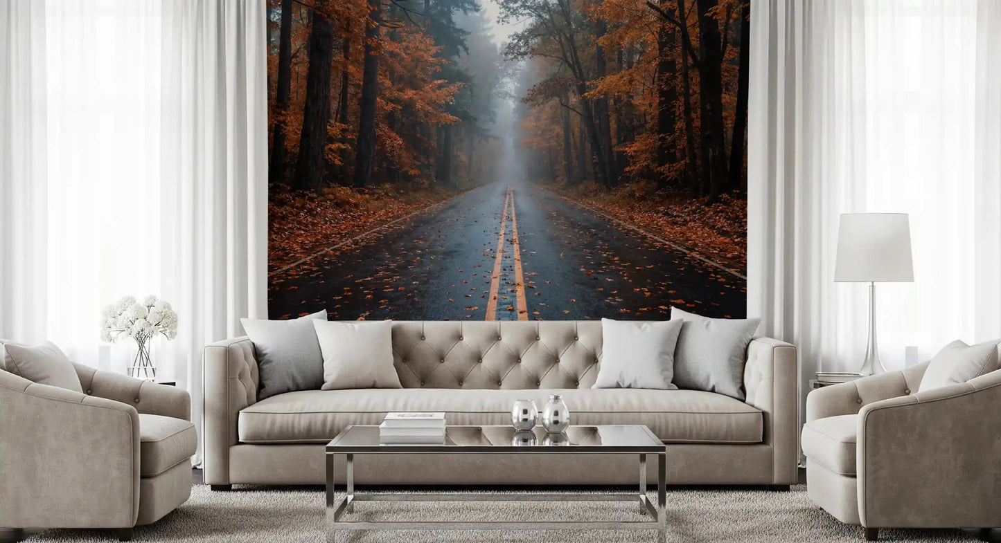 Entryway with woodland road wall mural and fallen autumn leaves