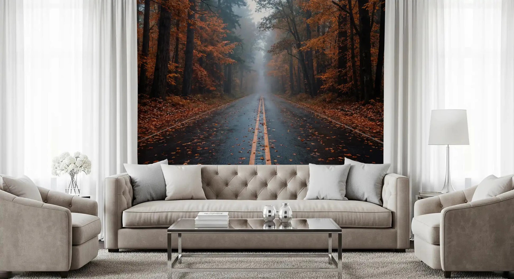 Entryway with woodland road wall mural and fallen autumn leaves