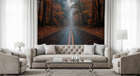 Entryway with woodland road wall mural and fallen autumn leaves