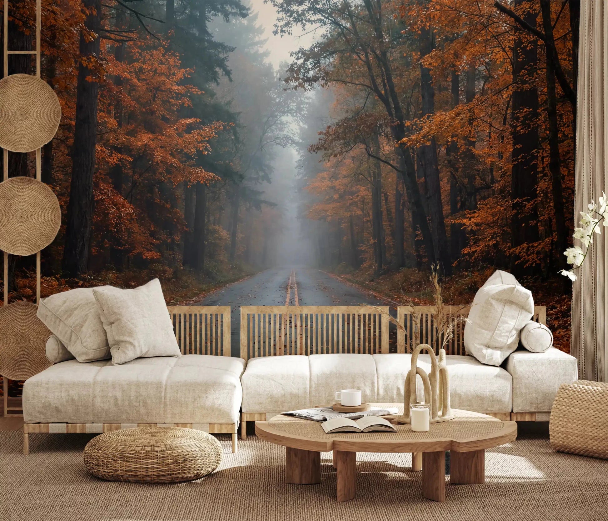 Living room with autumn lane wall mural and foggy tree depth