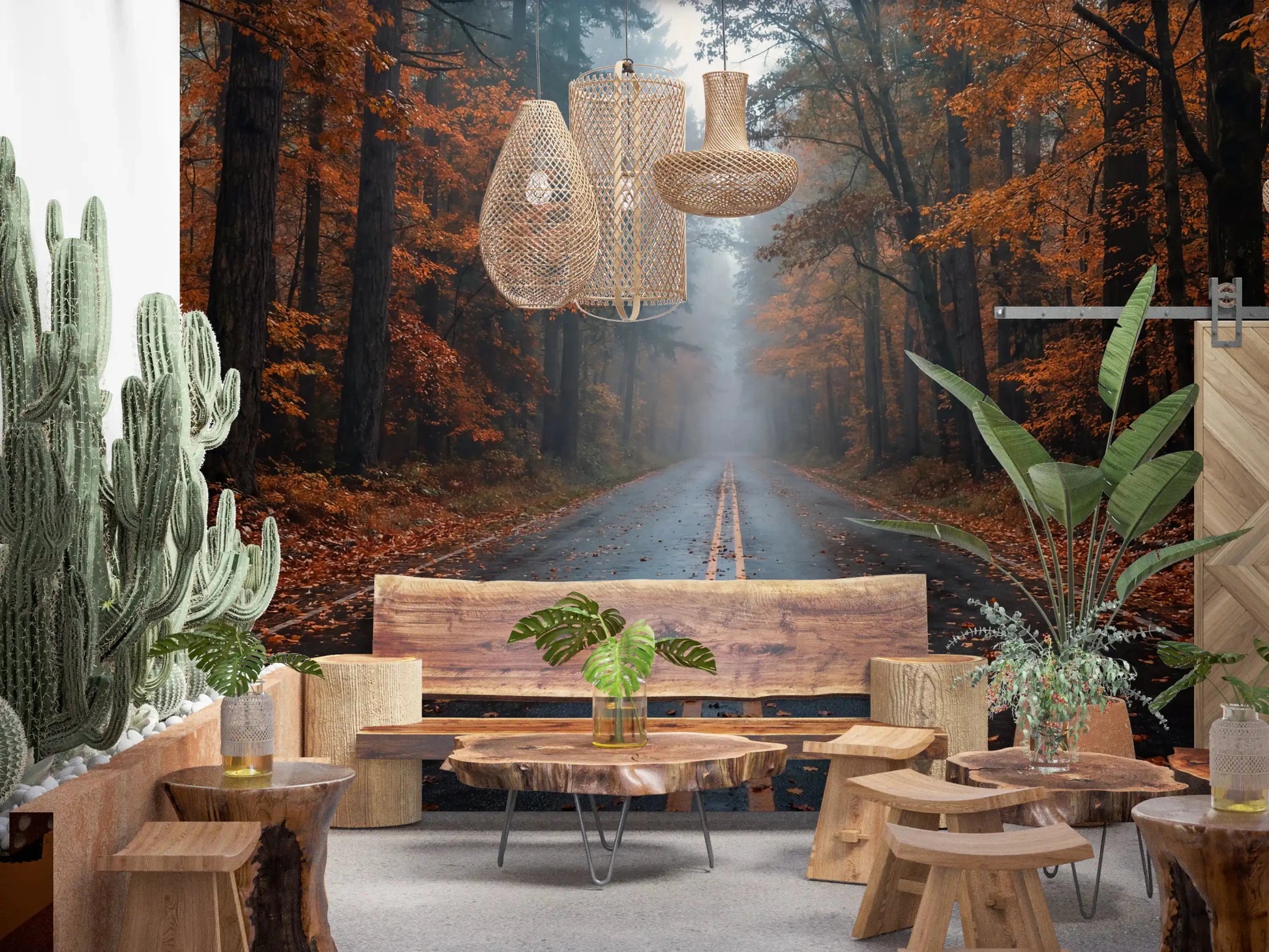 Nature-inspired room with forest wall mural and wet autumn roadway scene