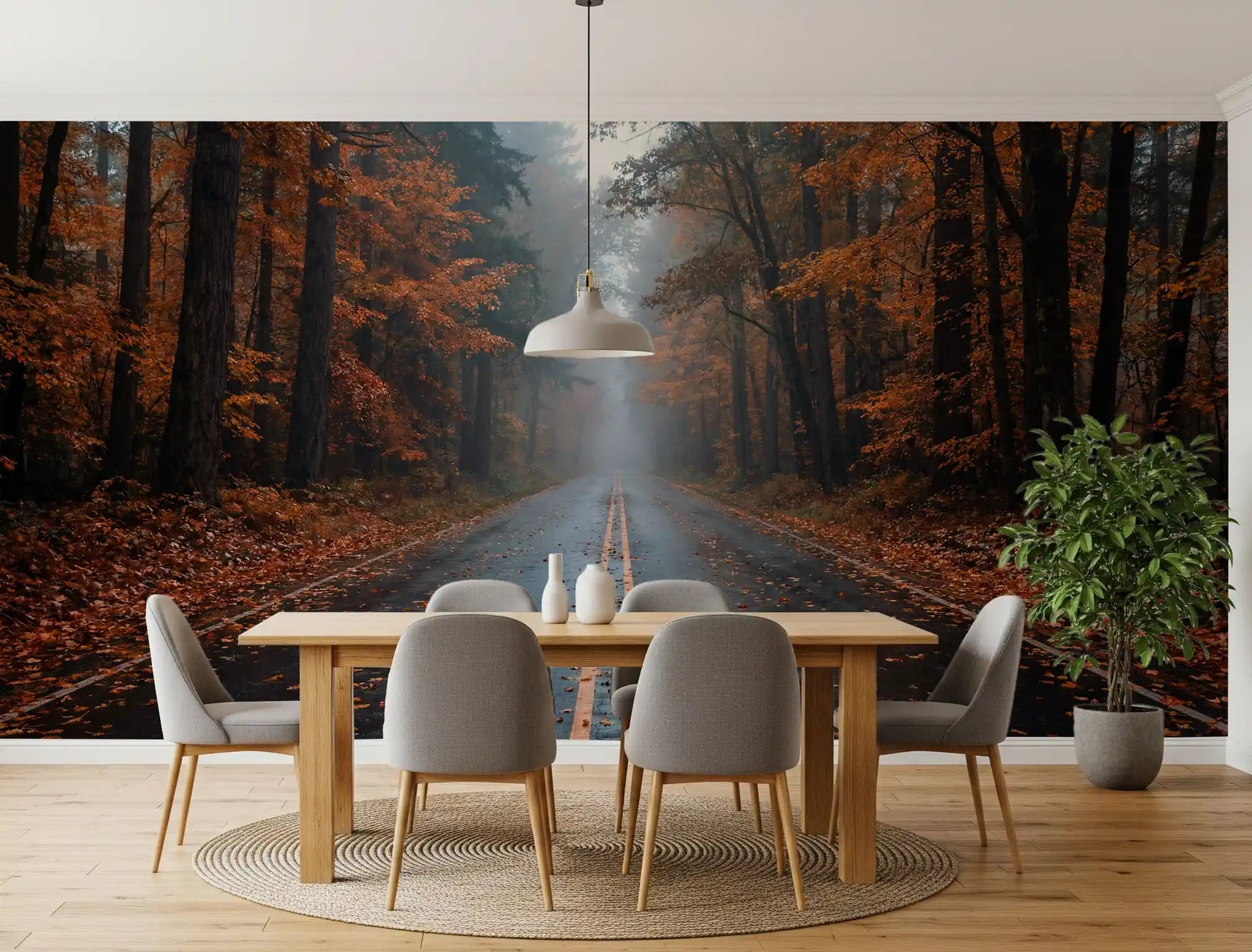 Dining area autumn road wall mural and soft drifting fog
