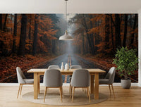 Dining area autumn road wall mural and soft drifting fog