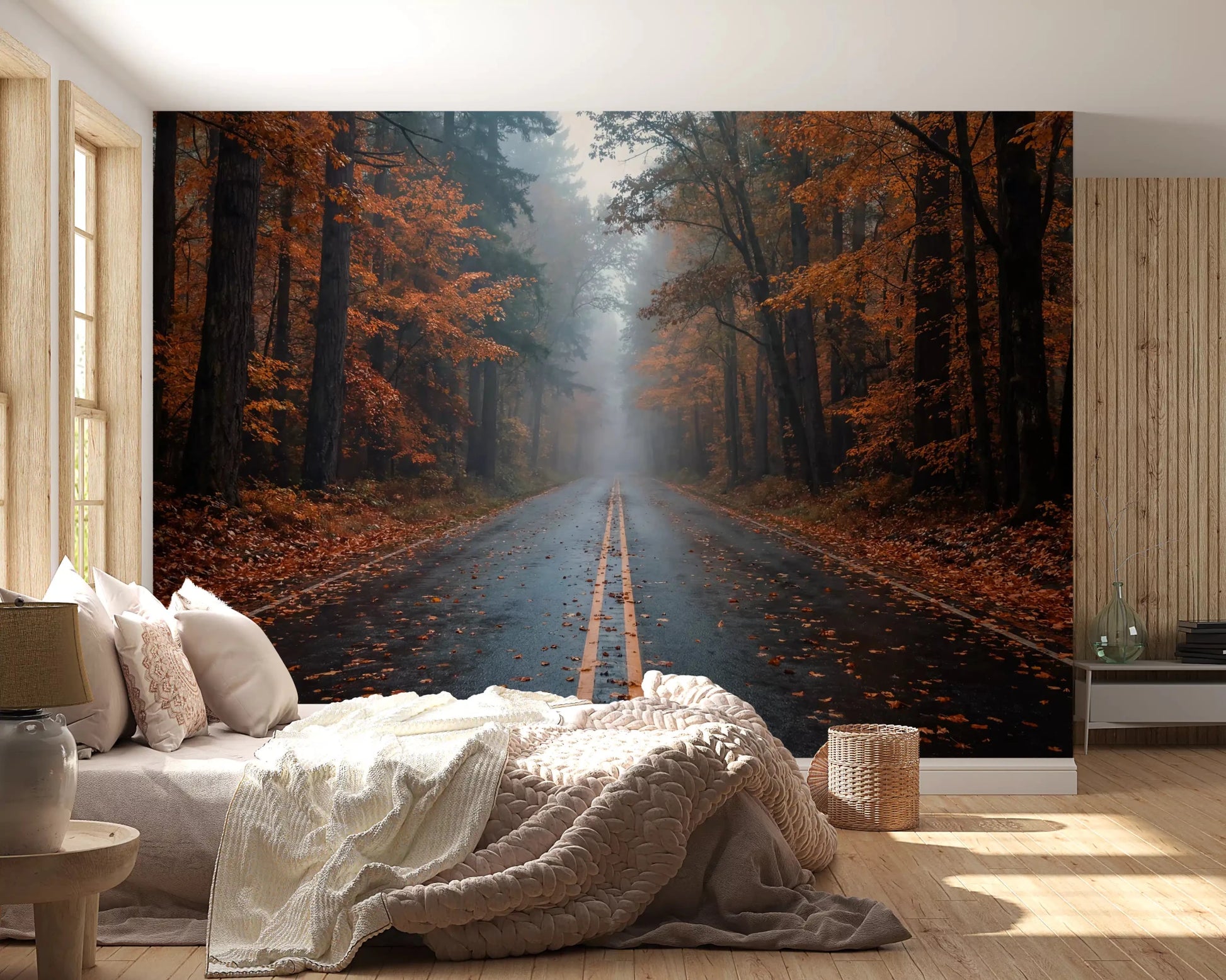 Bedroom styled with misty autumn wall mural and wet woodland road