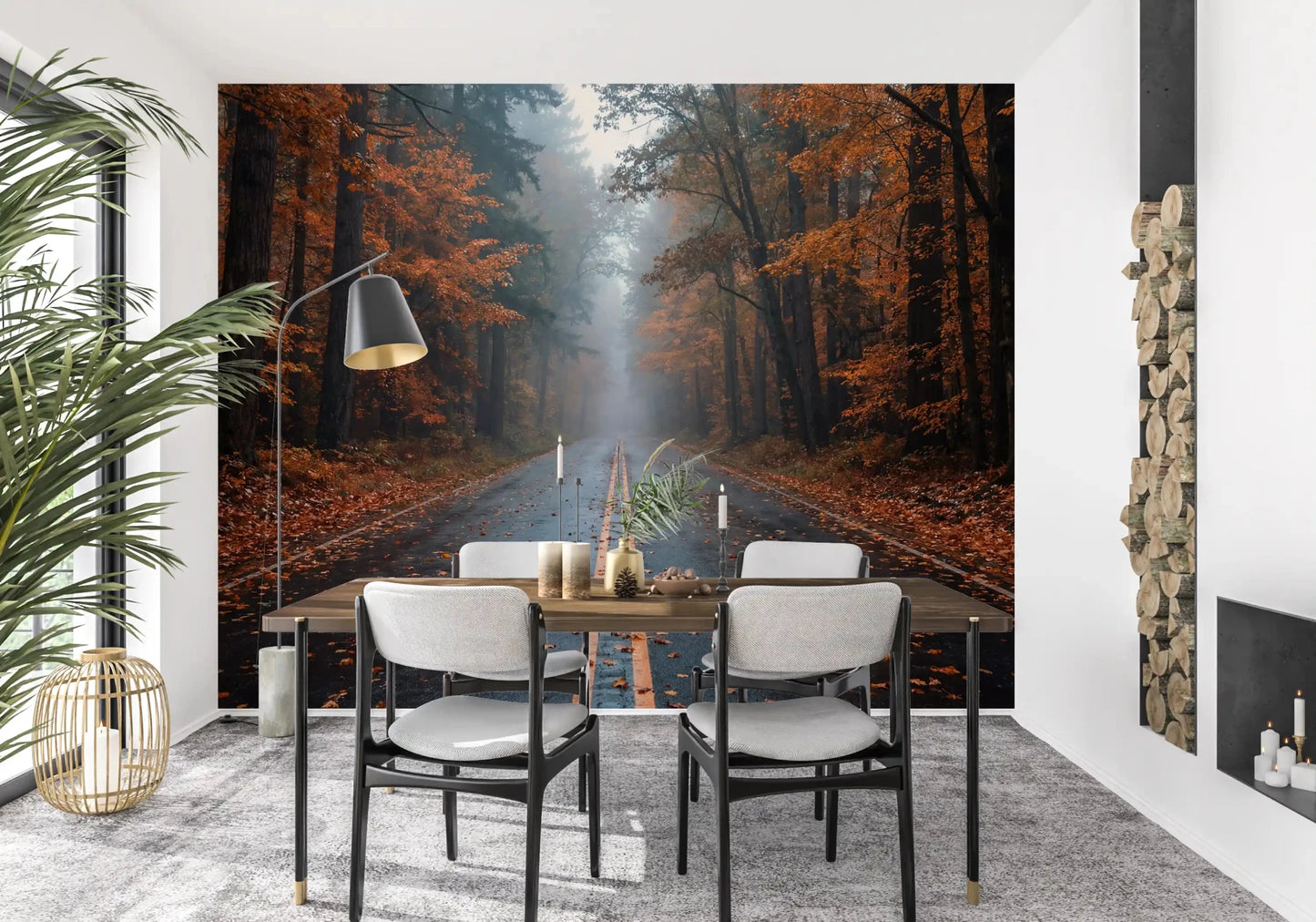 Dining room with misty forest wall mural and rain-dark road perspective