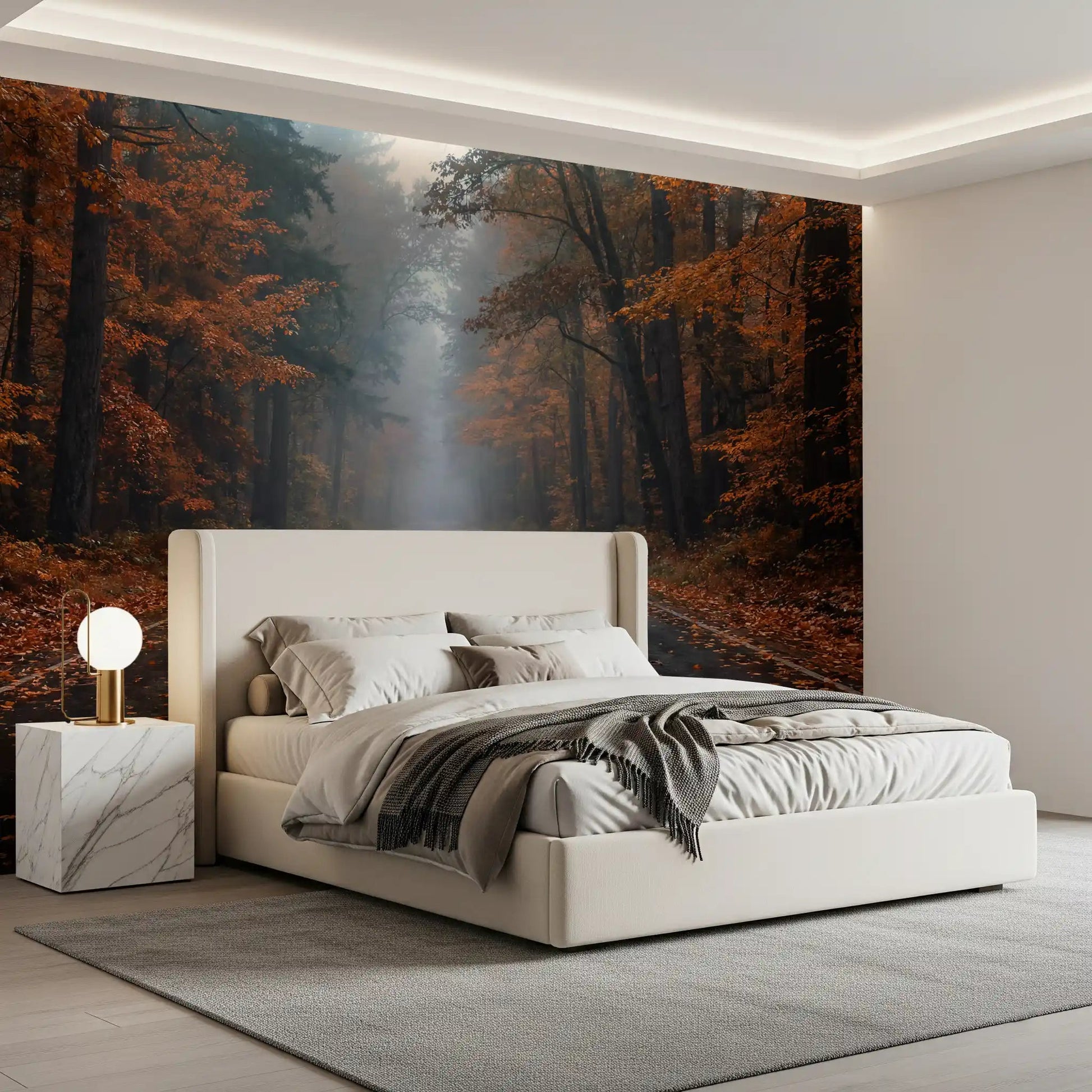 Guest room with misty road wall mural and warm forest tones