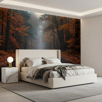 Guest room with misty road wall mural and warm forest tones