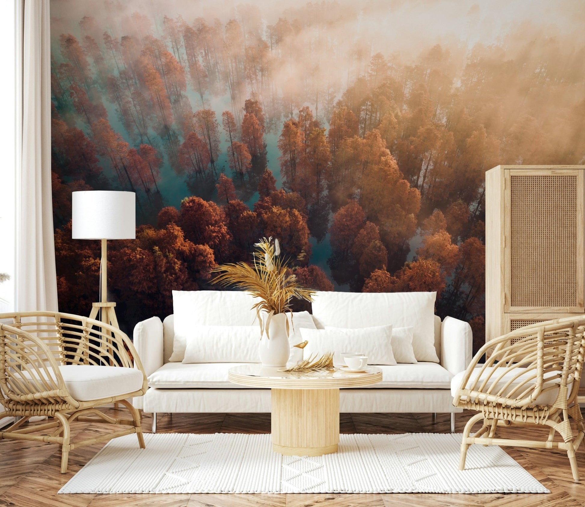 Misty Autumn Forest fine art print, towering conifers, majestic vista.