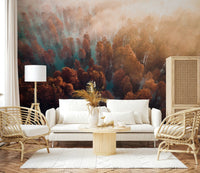 Misty Autumn Forest fine art print, towering conifers, majestic vista.