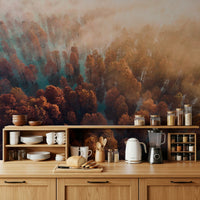 Misty Autumn Forest accent wallpaper, sunlit fog layer, warm light glow.