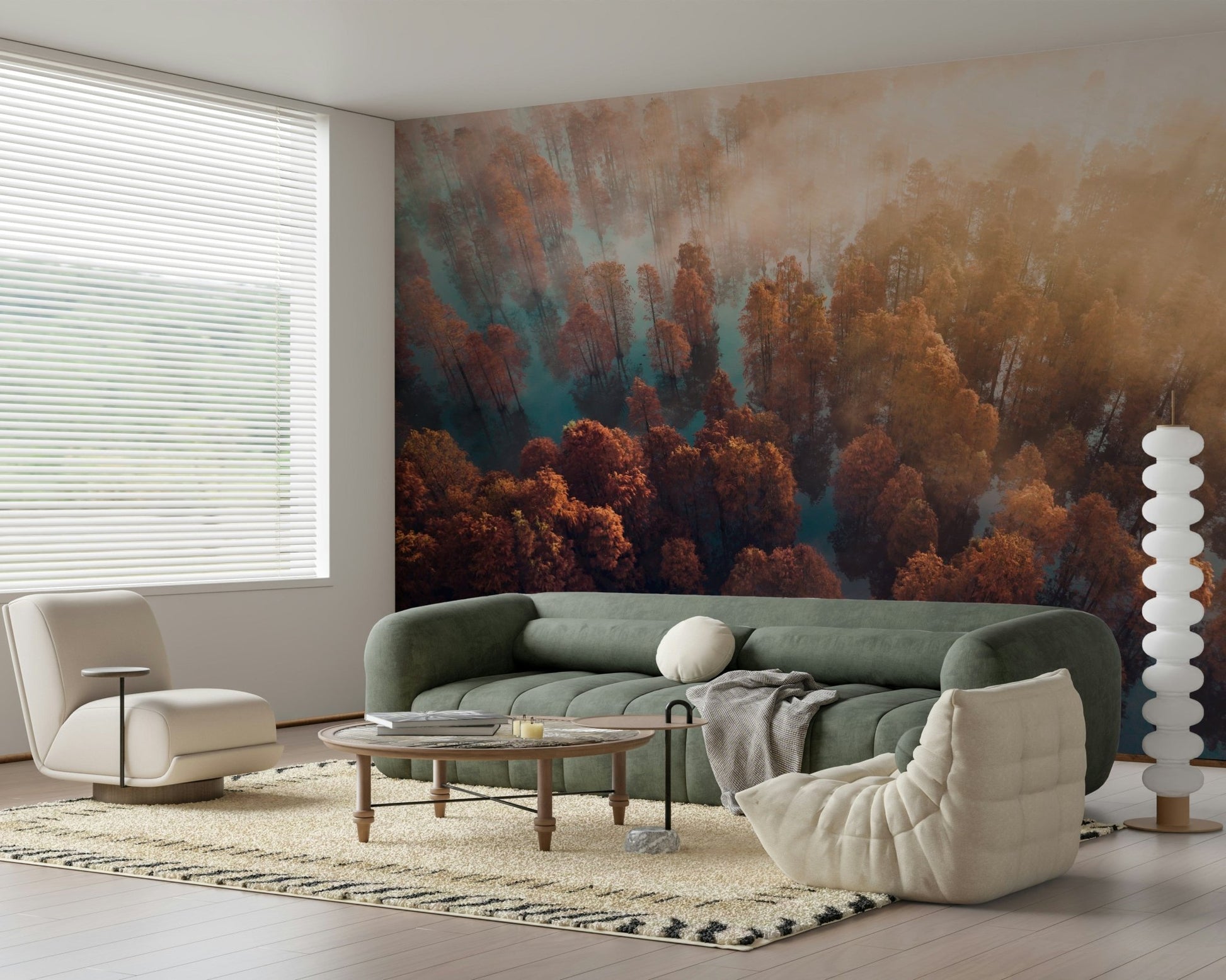 Nature wallpaper for walls, dense trees rising from water, serene ambiance, Misty Autumn Forest.